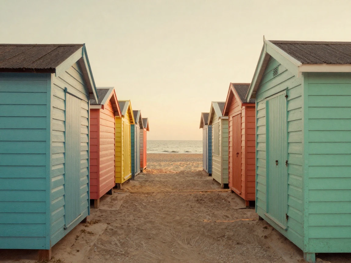 A row of colorful beach huts along a quiet shoreline, in the last light of dusk, as heat shimmers over the ground, during the long days of summer, in warm honey and cream tones, framed symmetrically down a long corridor.
