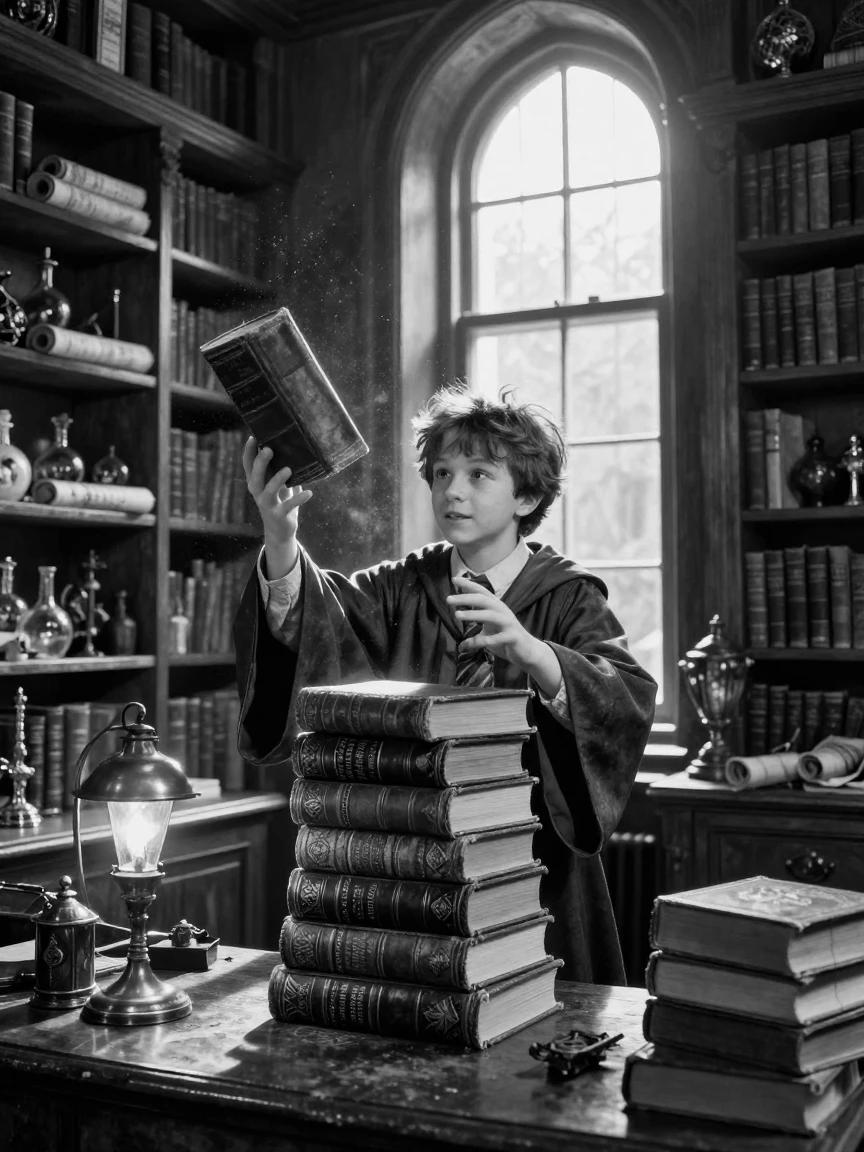 A young wizard's apprentice levitates a stack of old books inside a cluttered magical library.