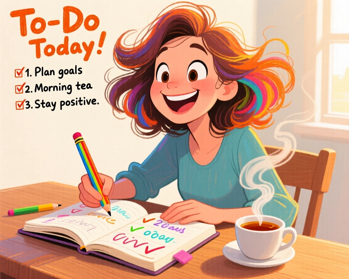 A woman doing a productive morning routine, planner open beside a fresh cup of tea.