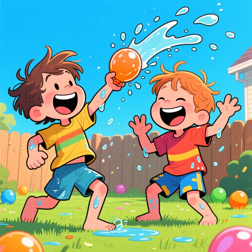 A playful childhood moment of twin siblings having a good-natured water balloon fight, with wide grins and messy hair.