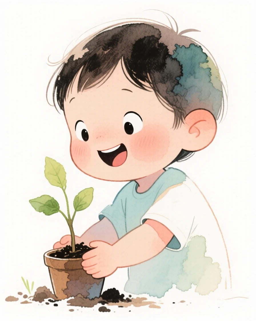 An uplifting, heartwarming moment of a child planting a tree with careful, hopeful hands