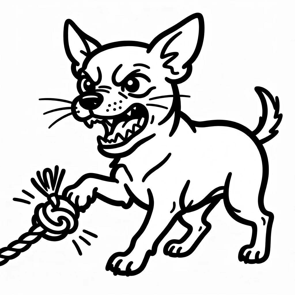 A chihuahua playing tug of war with a rope toy, back paws braced and determined.