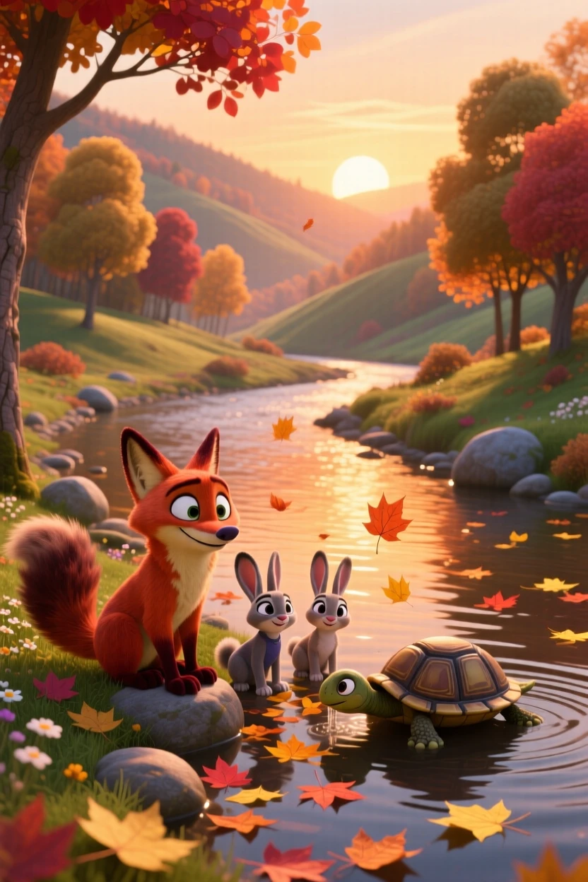 A winding river valley glows while wind ripples gently across the surface of the water, with fallen leaves drifting slowly on the breeze. A deep sense of peace and quiet awe fills the scene.