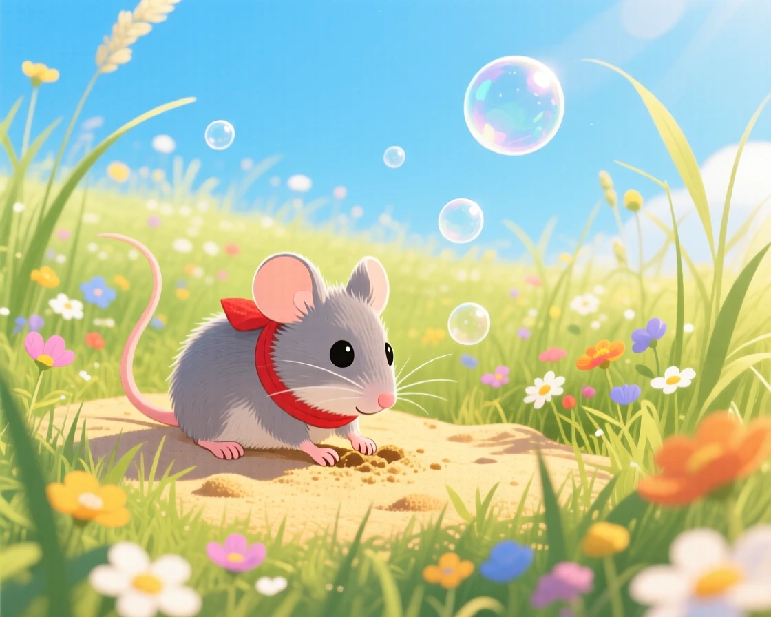 In a sunlit meadow, a tiny field mouse spends the afternoon digging for buried treasure in the sand, as tiny bubbles float upward.