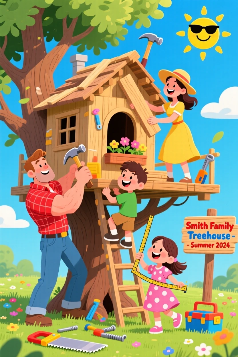 A family building a treehouse together over a summer weekend.