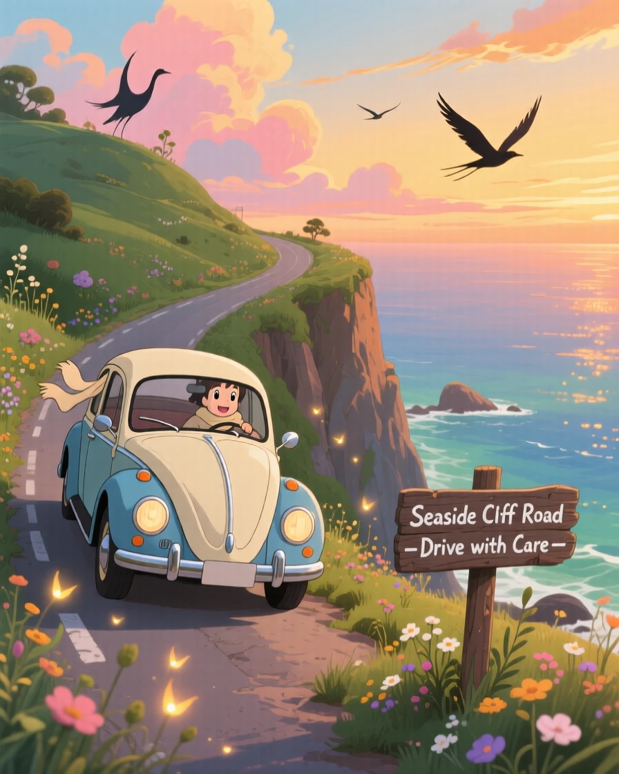 A charming scene of a vintage car winding along a coastal cliffside road, under a sky painted with warm colors.