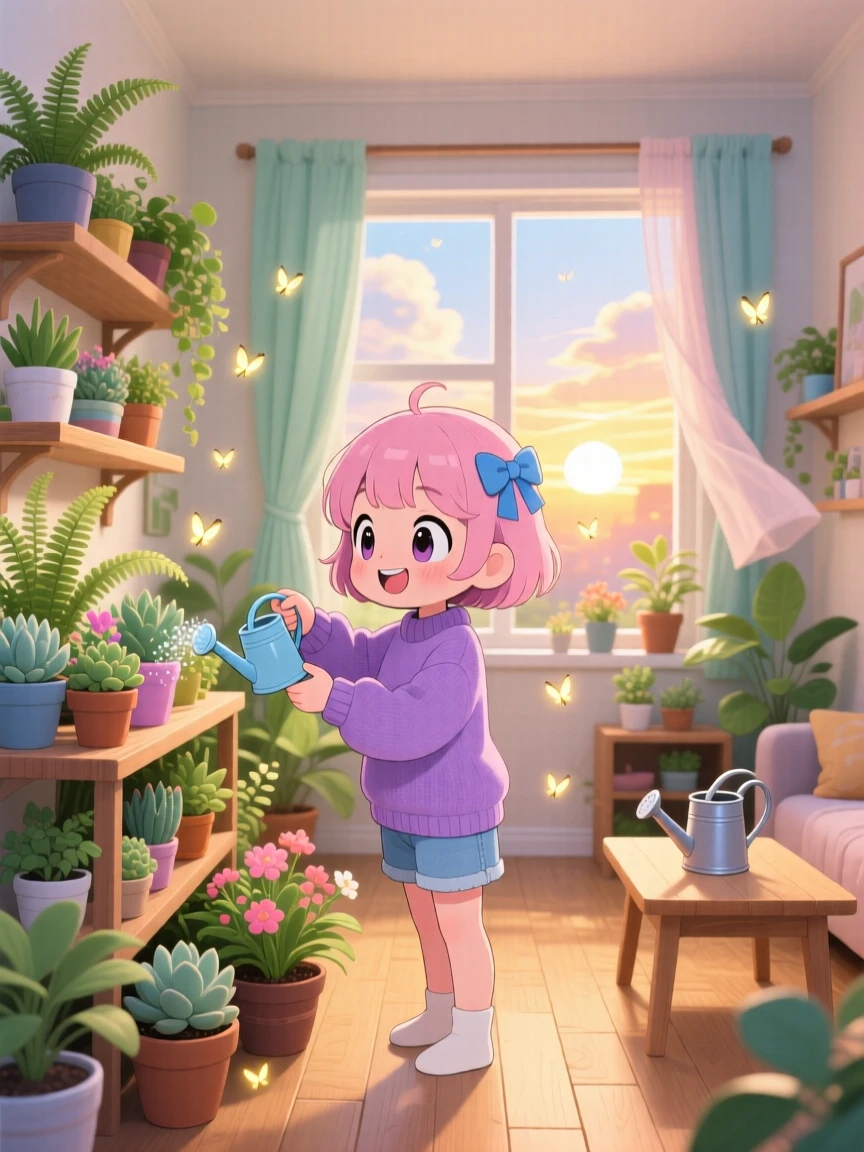 A young girl watering houseplants on a Sunday morning, framed as a wide establishing shot within a bright plant-filled apartment, as fireflies begin to glow at dusk, glowing under rays of sunrise breaking through clouds, evoking delighted joy.