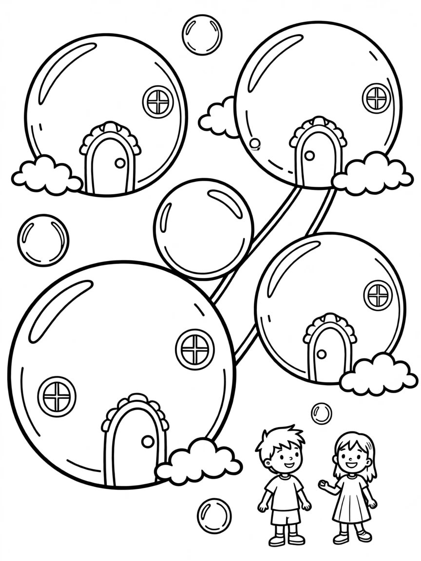 A bubble kingdom where houses float like soap bubbles