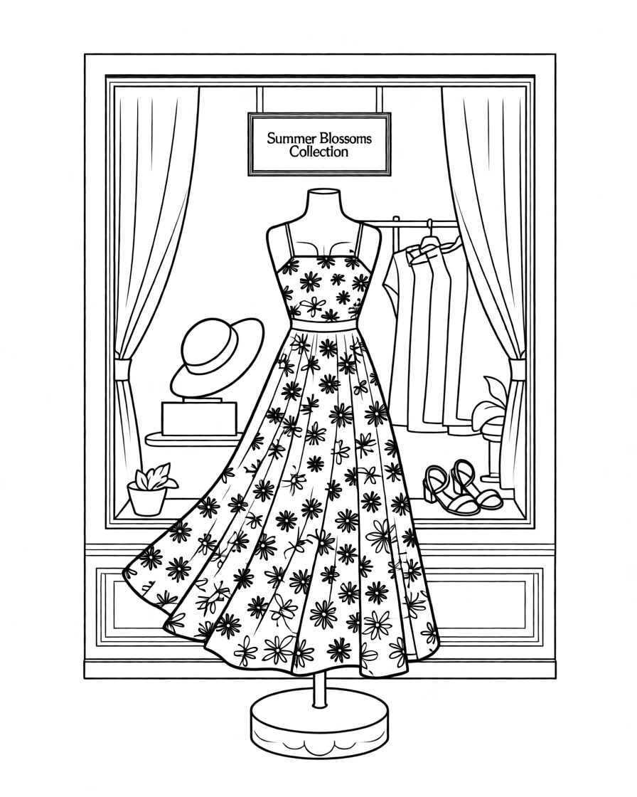 A flowing sundress with a floral pattern blowing in the wind, displayed on a mannequin in a boutique window.