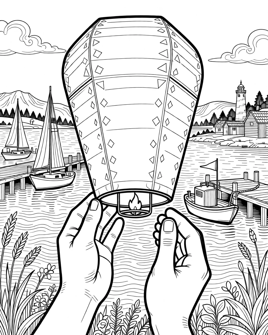 A pair of hands releasing a paper lantern above a quiet harbor.