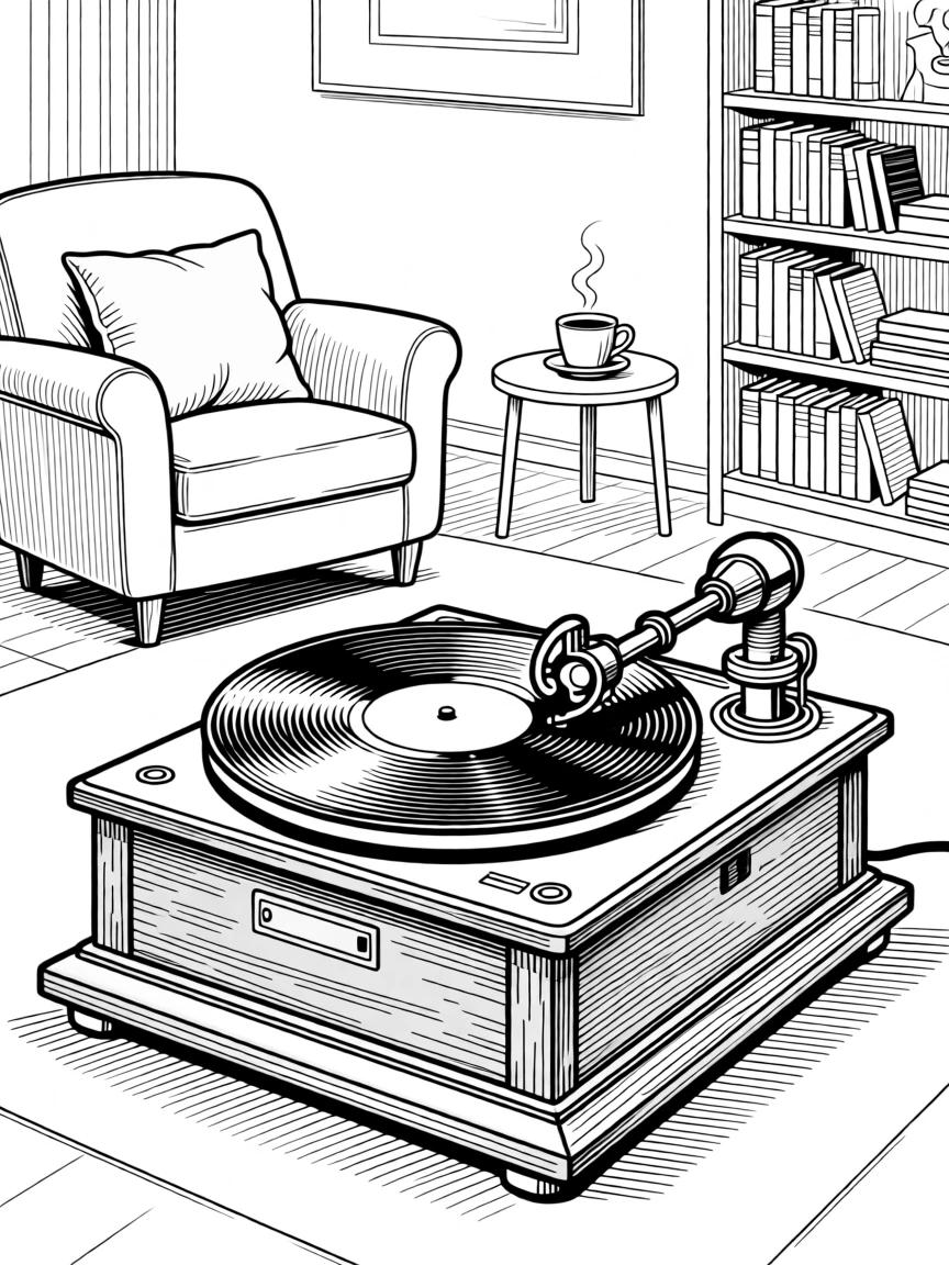 A vintage record player spinning a record in a cozy room