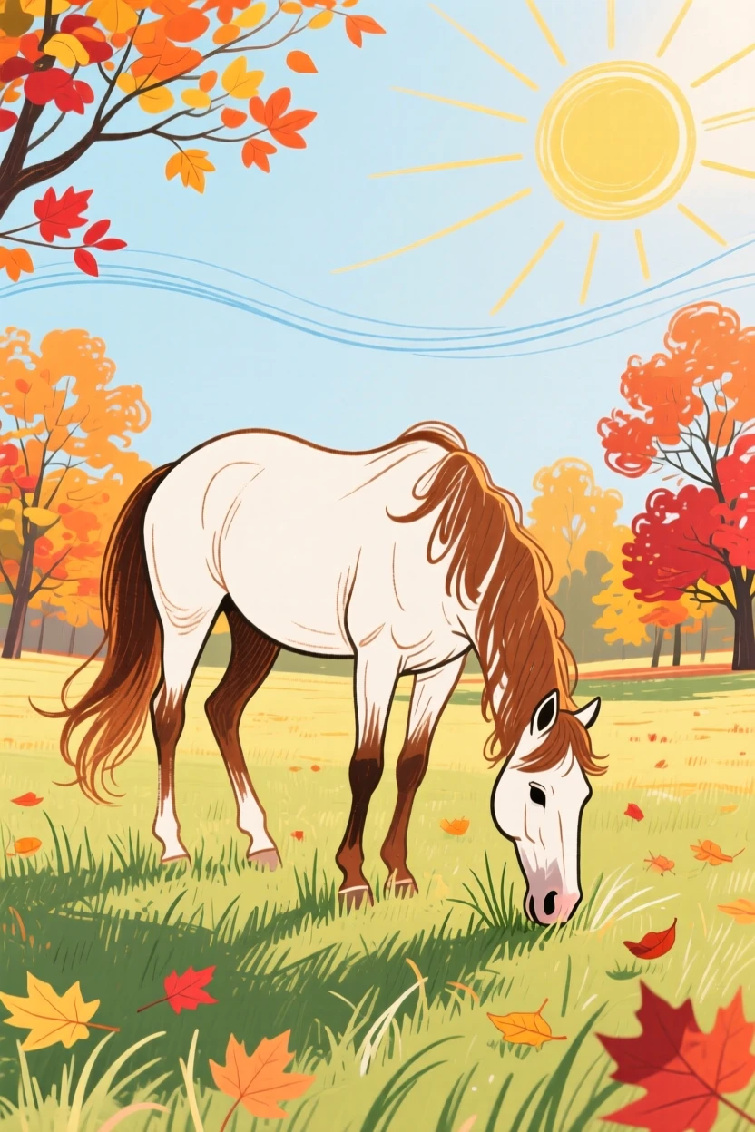 A grazing horse exploring in a sunlit meadow on a crisp autumn day.