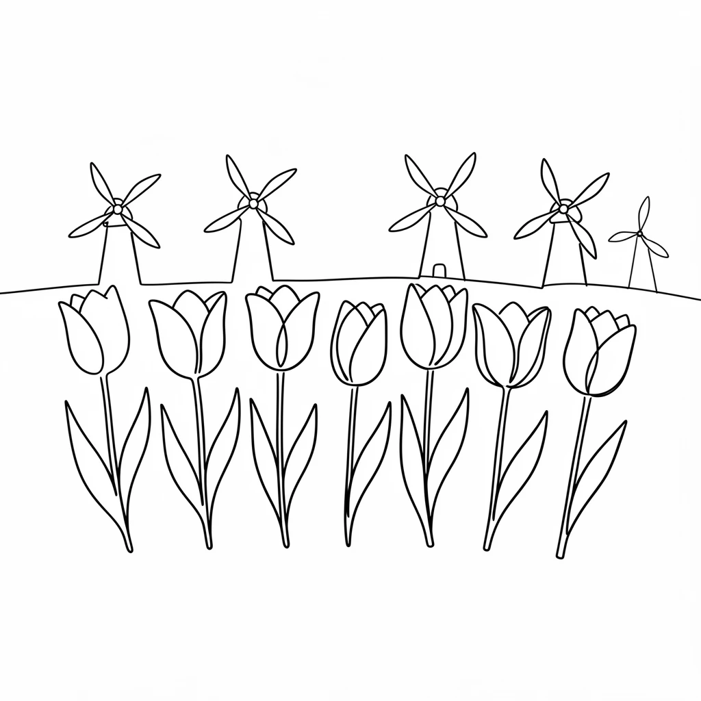A row of tulips lined up neatly in a windmill-dotted countryside field
