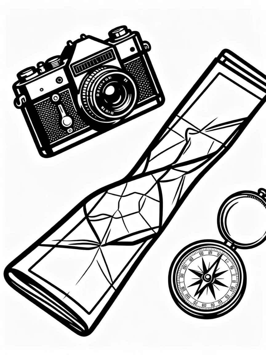 A flat lay arrangement of vintage travel items including a camera, map, and compass.