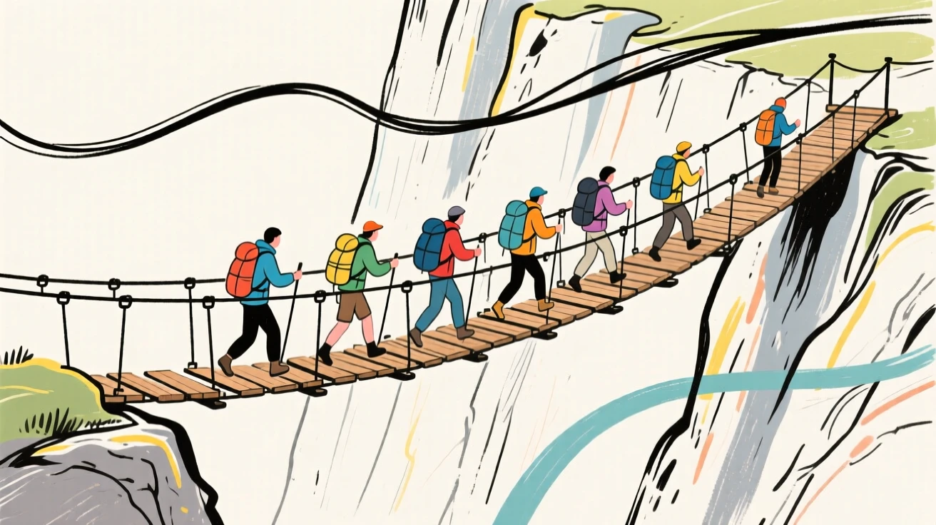 A group of trekkers crossing a suspension bridge over a deep gorge.