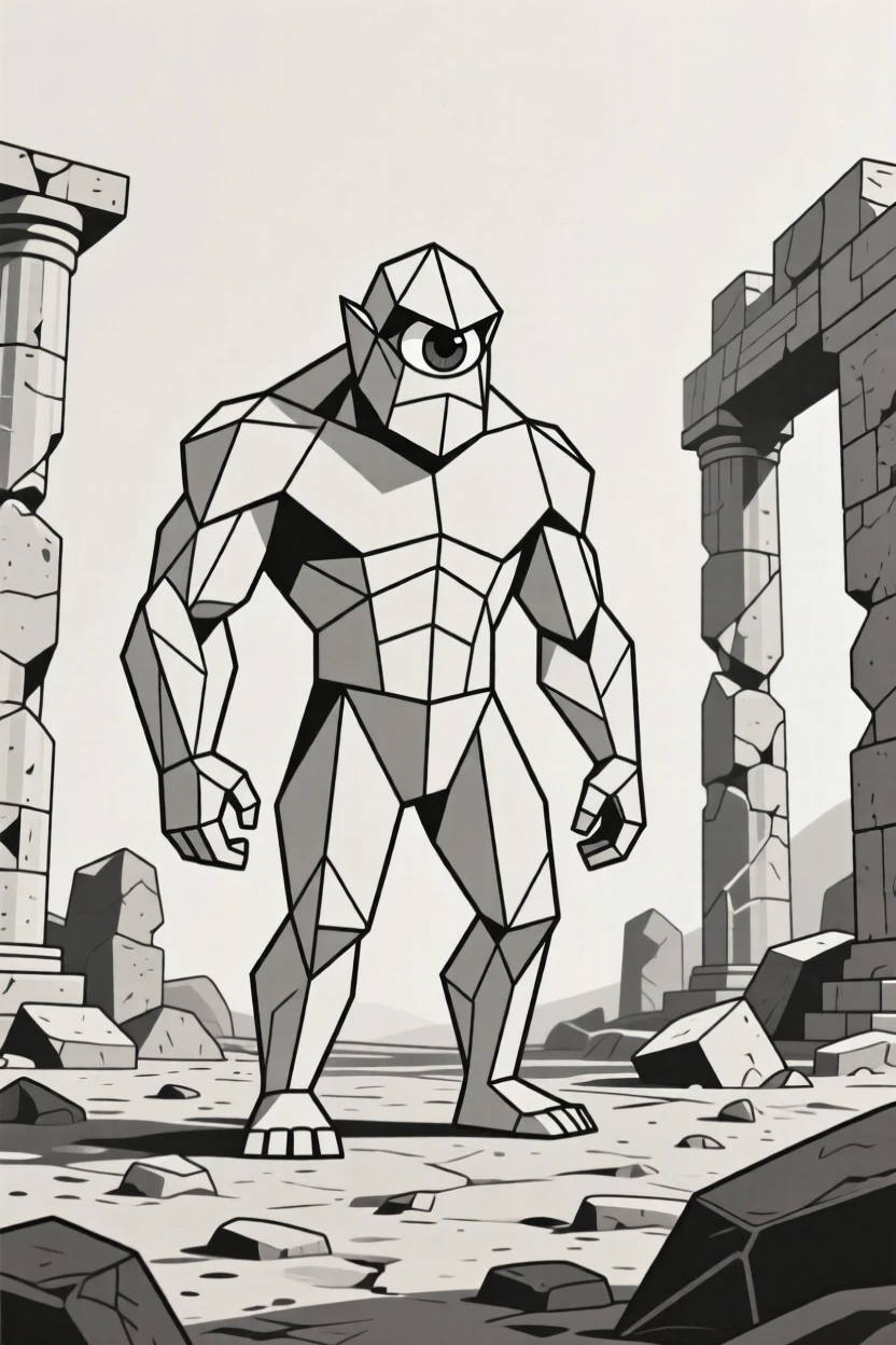 A cyclops standing among ancient ruins