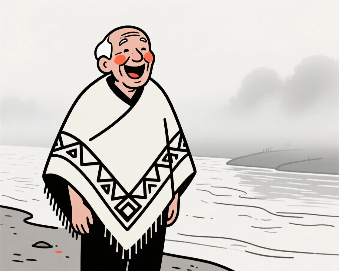 A grandfather of Italian heritage wearing a Peruvian woven poncho, laughing joyfully, on a misty riverbank.