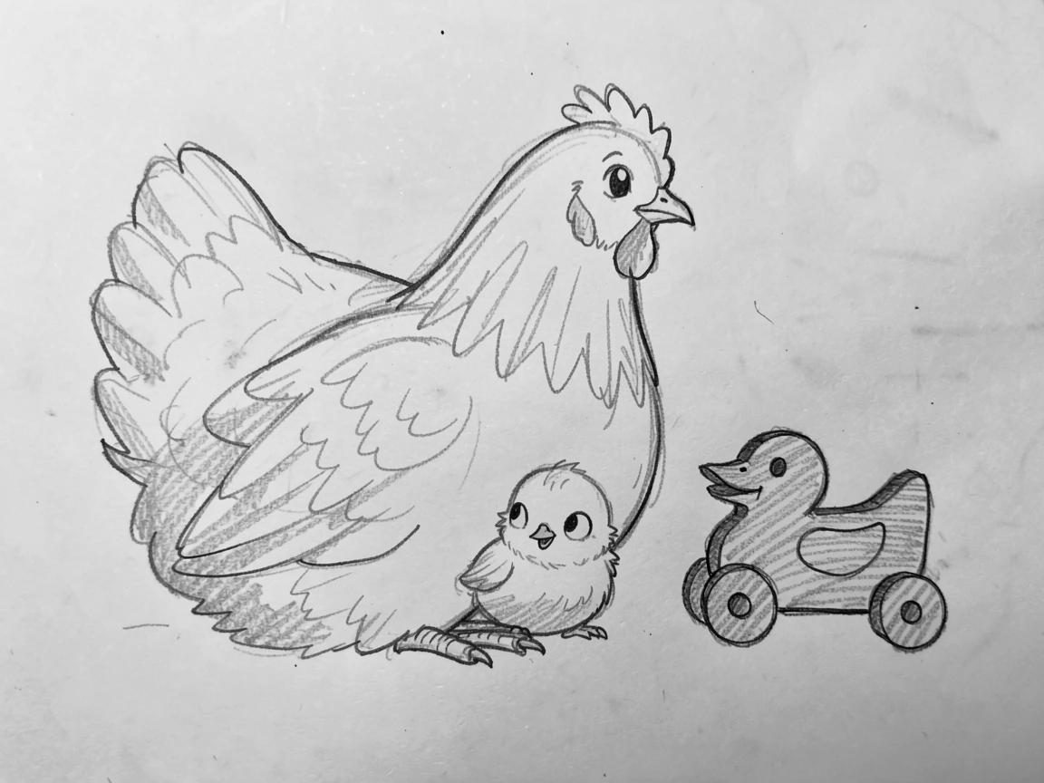 An irresistibly cute scene of a chick peeking out from beneath its mother's wing beside a small wooden toy, with a playful, mischievous expression.