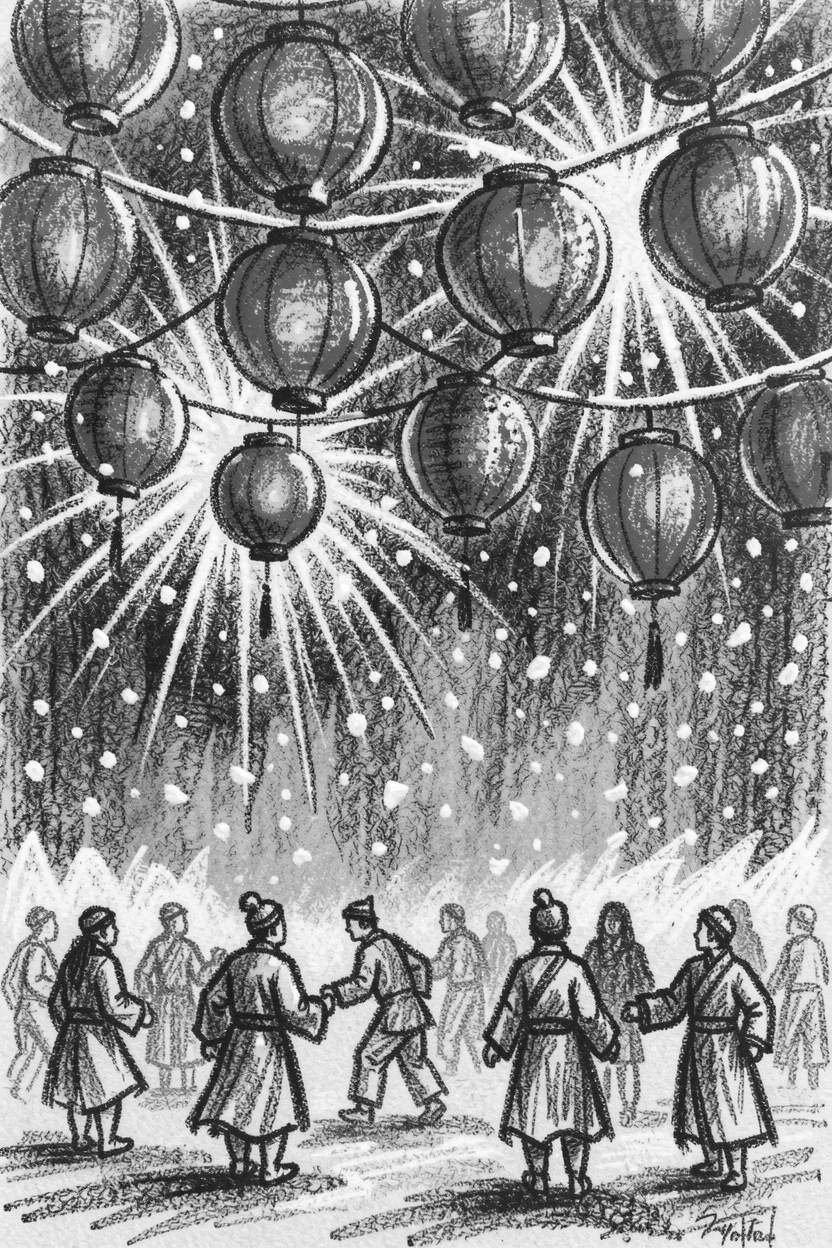 A Lunar New Year celebration with red lanterns and fireworks, under a soft blanket of falling snow.