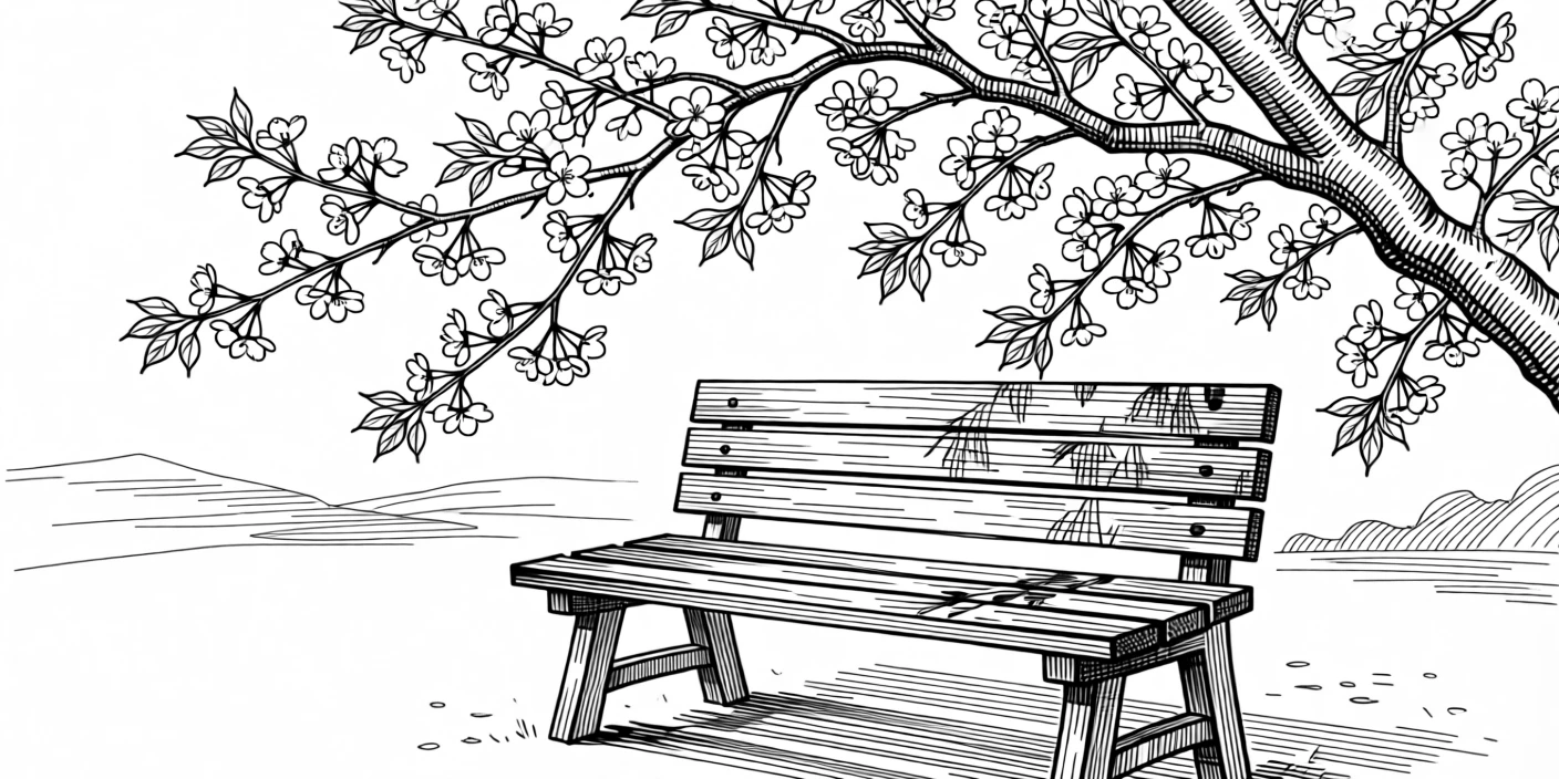 A single wooden bench resting beneath a blooming cherry tree.