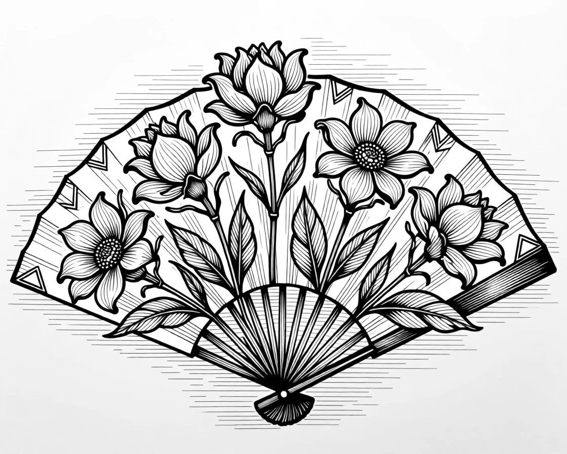 A fan-shaped arrangement of dried flowers set against a softly textured background, with graceful curves balanced by sharp geometric accents, forming a gracefully composed decorative composition.