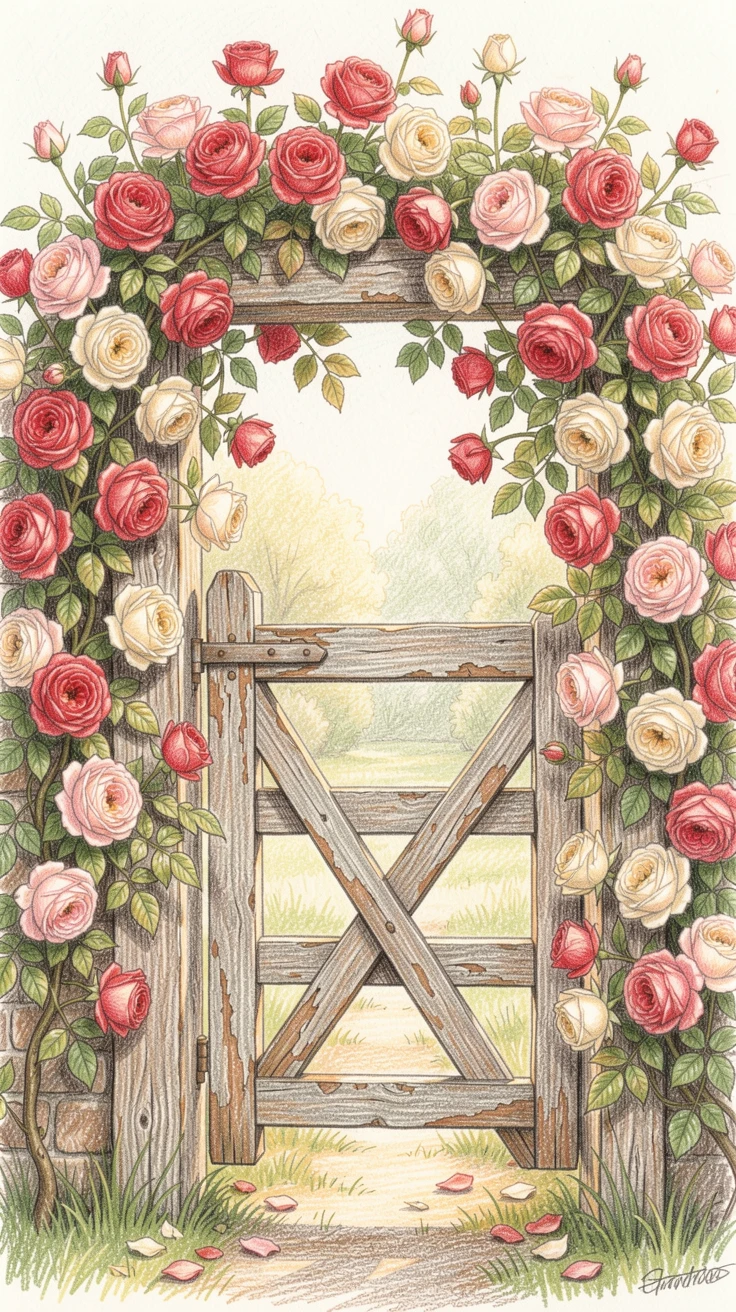 A rustic countryside garden gate framed by climbing roses, with soft, natural light bringing warmth to every detail, evoking nostalgia and a deep sense of contentment.