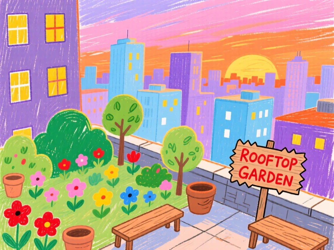 A rooftop garden overlooking a bustling city skyline at sunset.