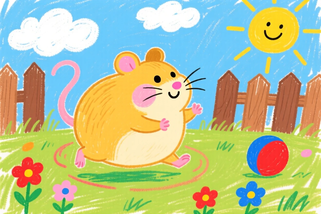 A chubby hamster chasing its tail in a sunny backyard.