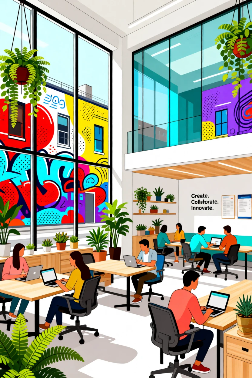 A trendy co-working space filled with plants and natural light, surrounded by colorful street art and modern architecture, composed with a candid, lifestyle-magazine feel, with vibrant, trendy colors that feel fresh and current.