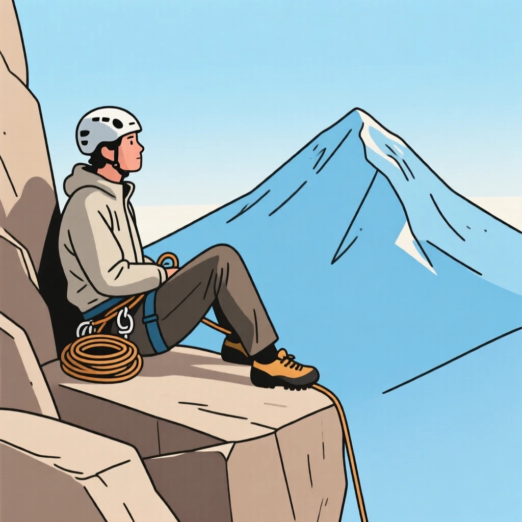 A climber resting briefly before continuing toward a distant peak.