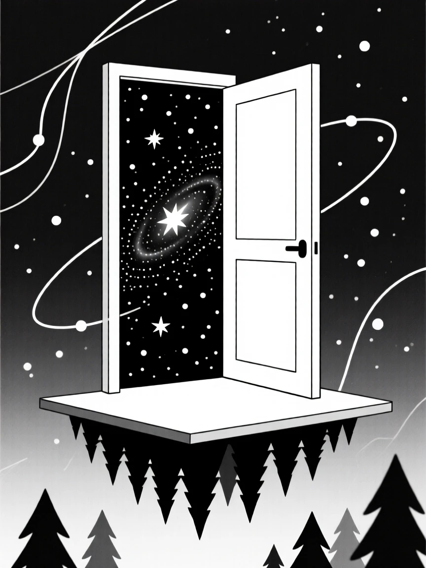 A door opening into a starry galaxy floating above a forest suspended in midair, surrounded by softly falling stardust, radiating dreamlike serenity.
