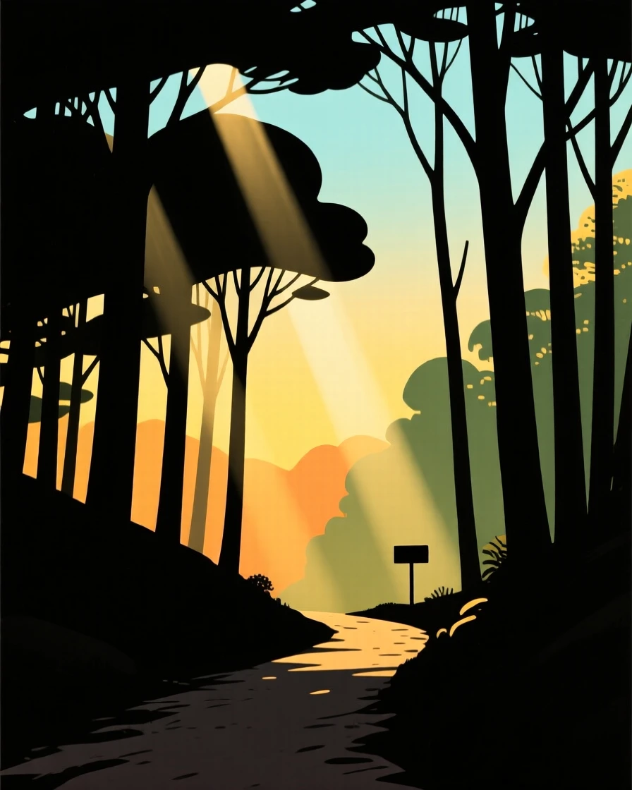 A quiet trail where sunlight breaks through the canopy in scattered beams.