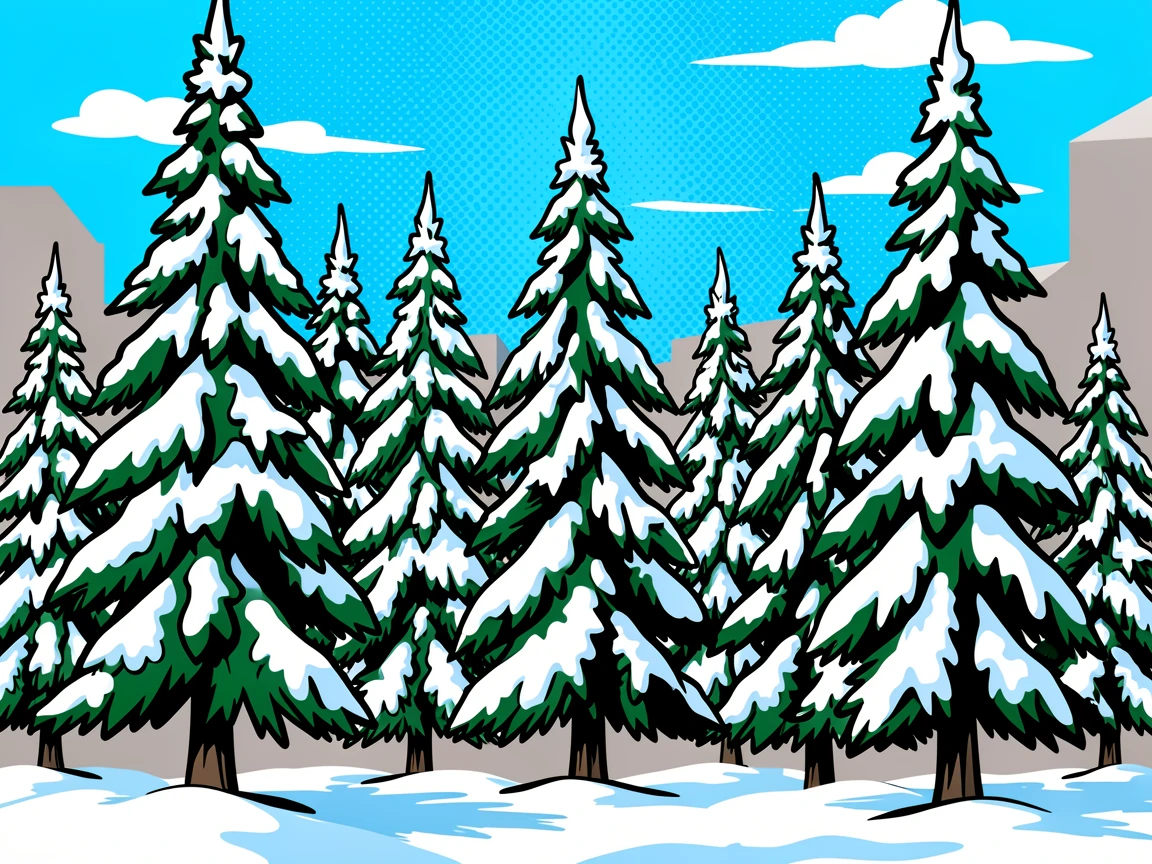 A snow-covered pine forest under a clear winter sky