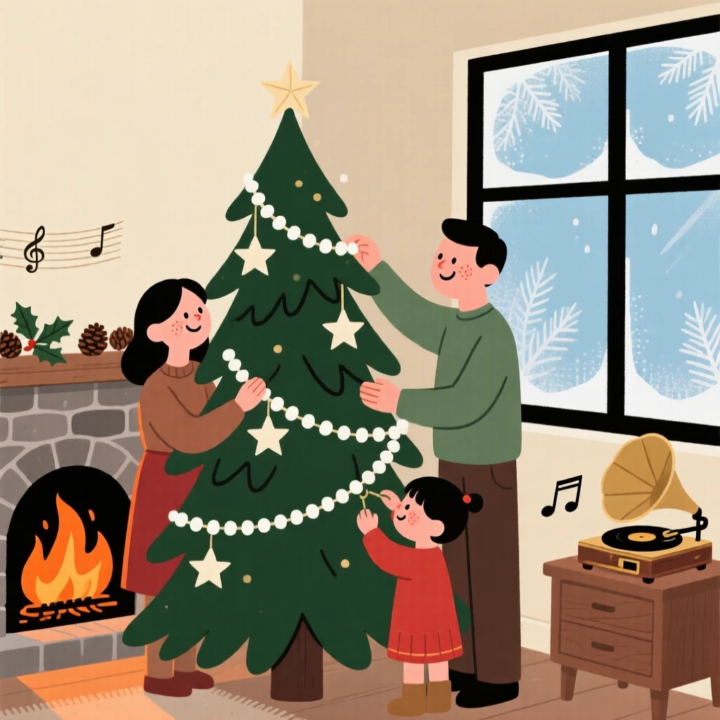 A family decorates a evergreen in the corner with strings of popcorn and paper stars while a crackling fireplace and soft music plays softly and frost coats the glass outside the window.