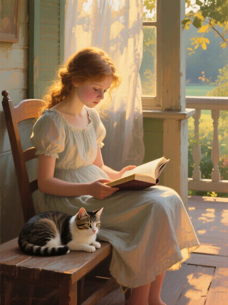 A centered composition of a girl reading a book aloud to her cat curled beside her, at the start of a humid summer, at golden hour.