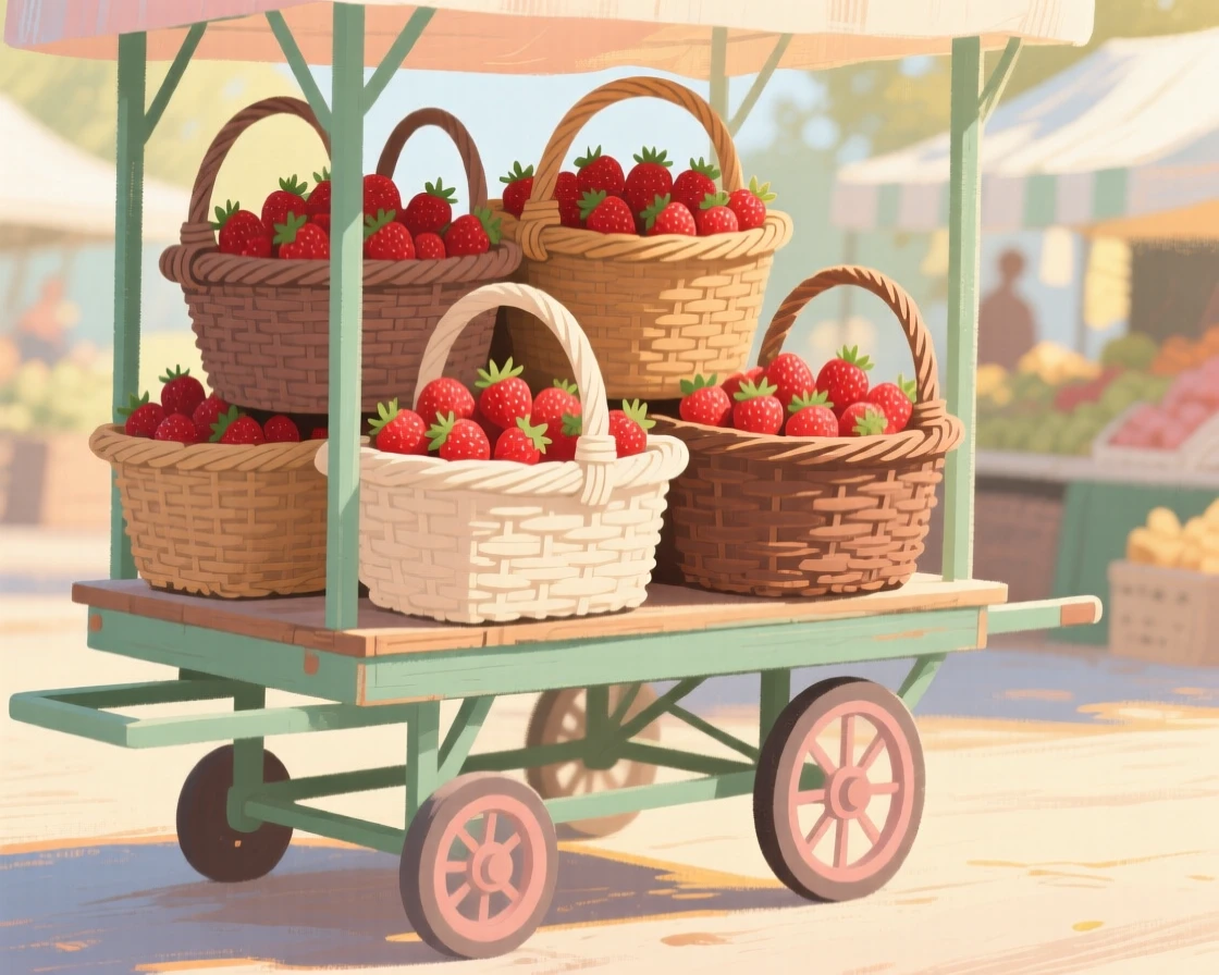 A vintage market cart stacked with wicker baskets of strawberries