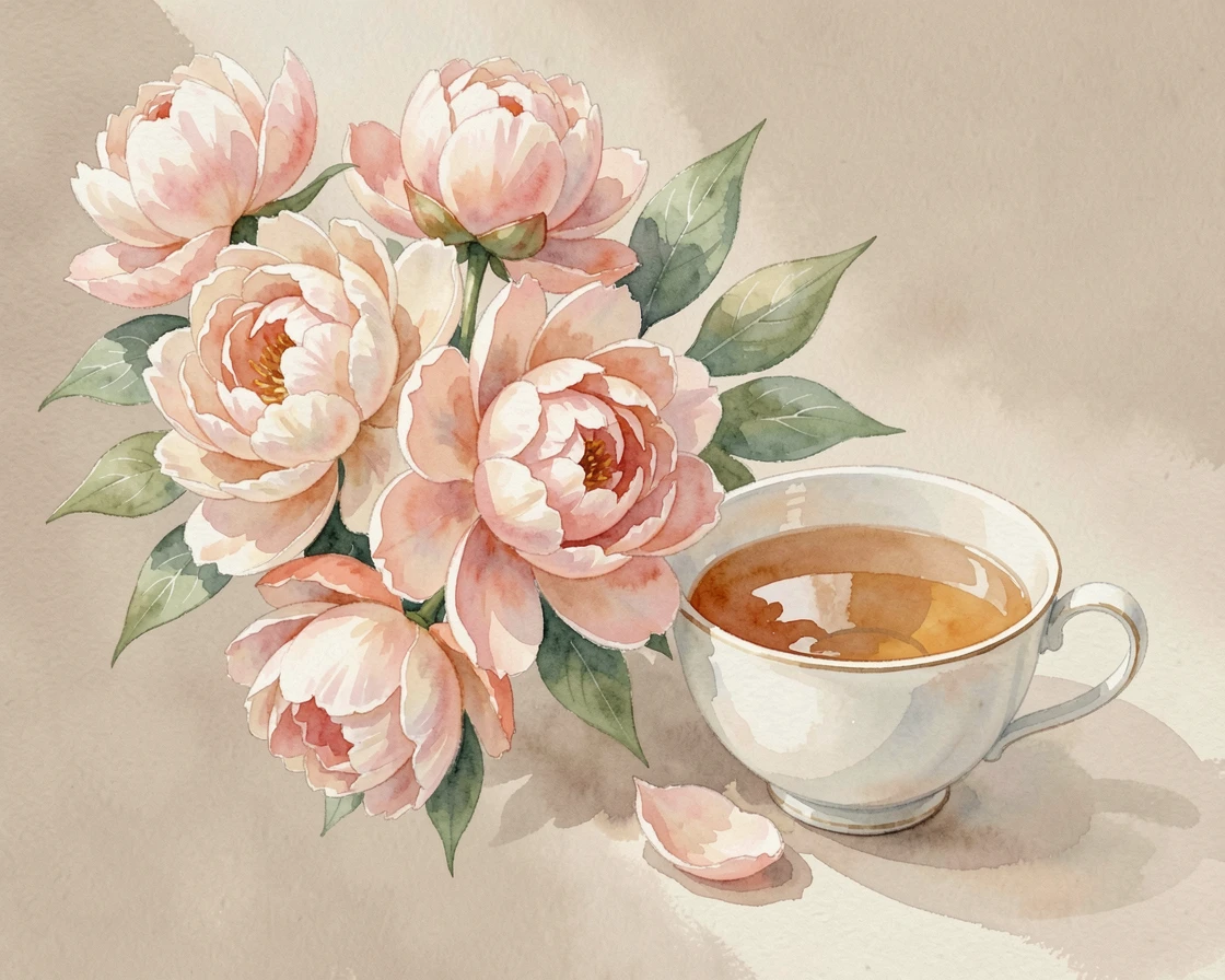 A bouquet of peonies against a soft neutral backdrop beside a cup of tea.