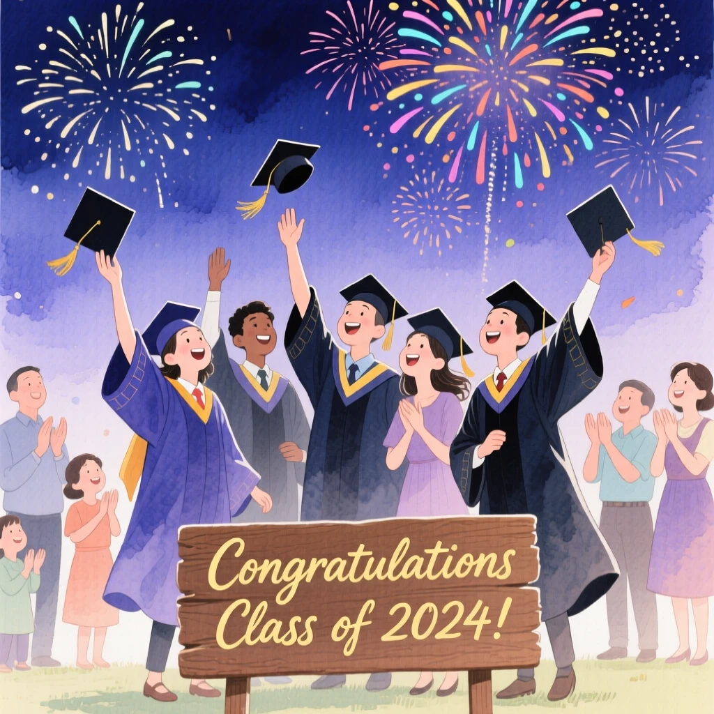 A joyful scene of a graduation party, beneath a sky full of fireworks, capturing the warmth of the celebration