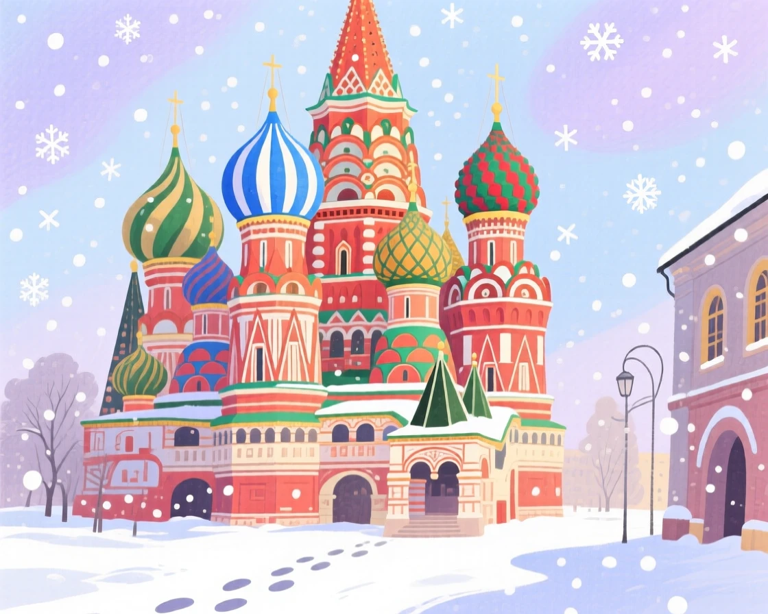 A memorable scene of the colorful domes of a Moscow cathedral under snowfall.