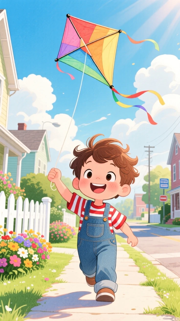 A curious little boy flying a kite that dances against fluffy clouds, in a small-town street lined with picket fences, brimming with carefree happiness.
