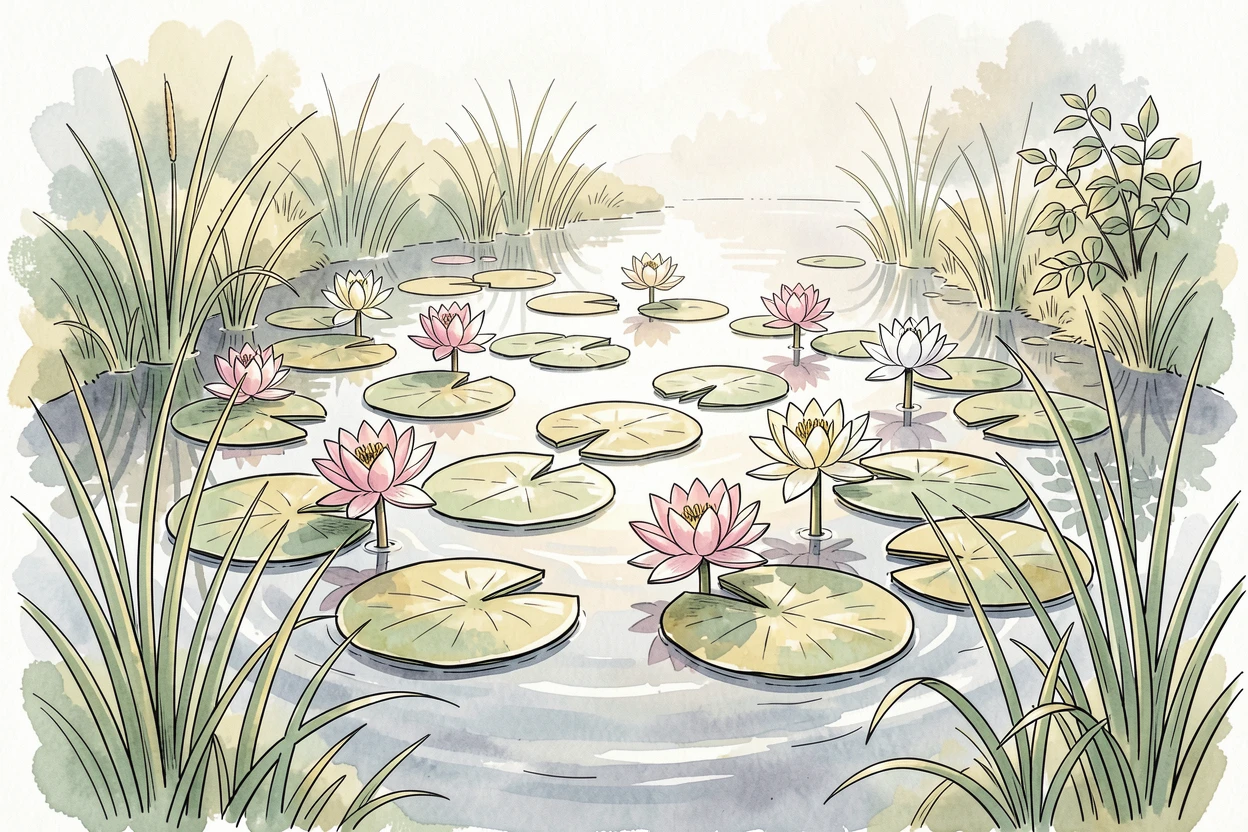 A quiet pond covered in floating water lilies at first light, a gentle breeze rippling through the grass and leaves.