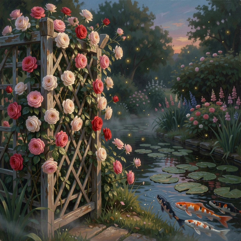 A sprawling English cottage garden in full bloom, climbing roses spilling over an old wooden trellis, beside a koi pond with lily pads drifting on the surface, at dusk, fireflies beginning to flicker among the blossoms.