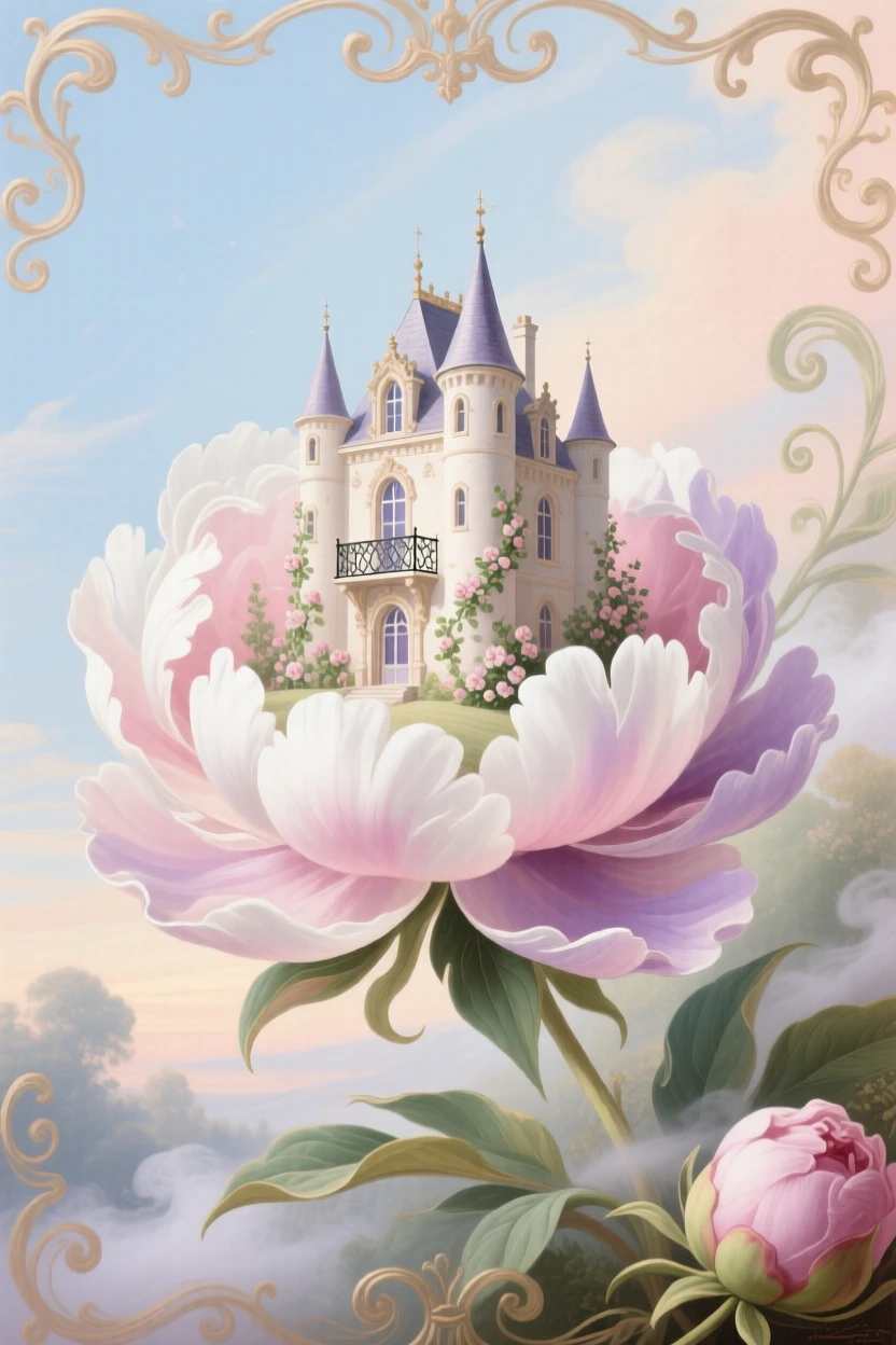 A tiny castle nestled inside a giant blooming peony  