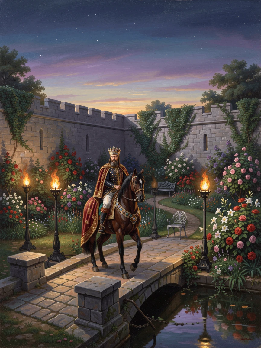 A king rides across the drawbridge of a castle garden blooming behind stone walls as torches are lit for the evening.