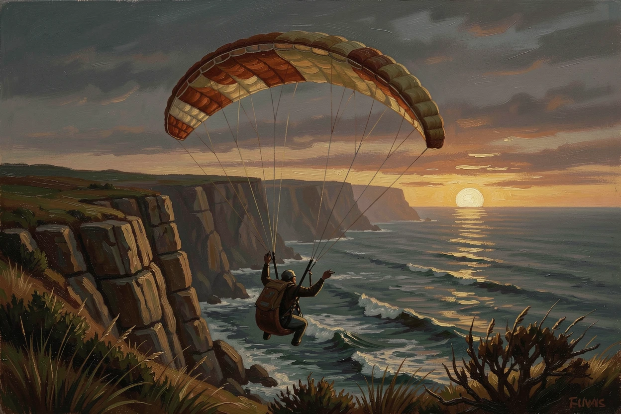 A paraglider soaring above a dramatic coastal cliffside at sunset, with a sense of freedom and wonder evident in every detail, evoking wanderlust and the irresistible call of adventure