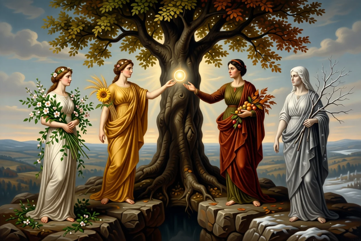 The allegory of the four seasons gathered around a central tree of life at the threshold between the mortal and the eternal, set atop a rocky promontory overlooking a vast unknown, with a single ray of light illuminating the central symbolic gesture; a triangular arrangement lends the scene classical stability and gravity, evoking profound meditation on fate, virtue, and the human condition.