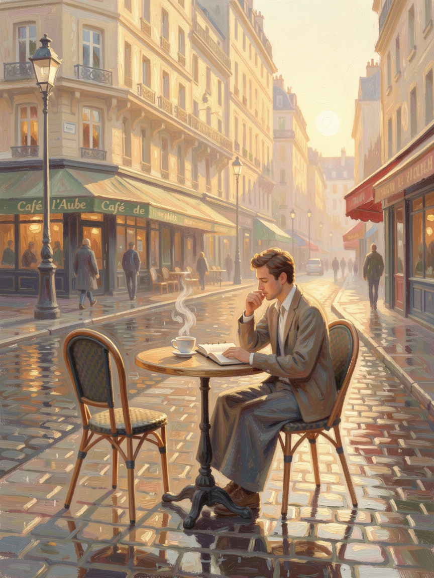 A poet writing at a café table overlooking a rain-slicked Parisian street, an open notebook and cup of coffee before him, at golden sunrise, capturing a fleeting moment of pure happiness.