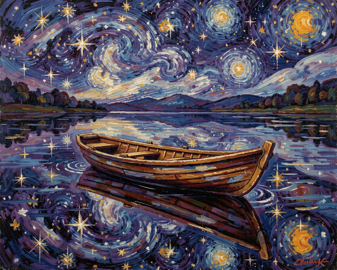 A single rowboat drifting alone on a mirror-still lake beneath a sky full of stars.