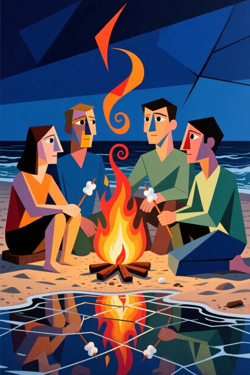 A group of friends roasting marshmallows around a beach bonfire at night.