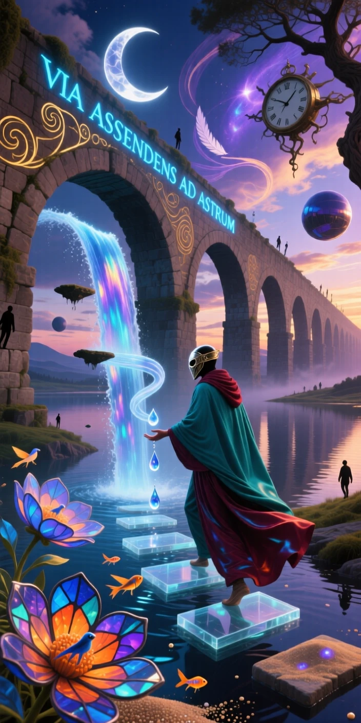 An aqueduct that pours water upward into the sky glows faintly from within as evening falls, as a lone traveler climbs toward its summit.